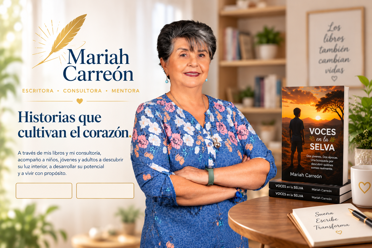 Mariah Carreón, escritora, consultora y mentora, junto a su libro Voces en la Selva. Historias que cultivan el corazón.